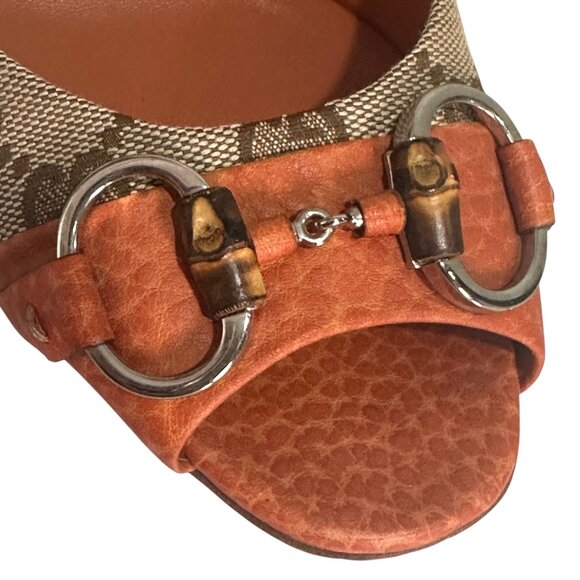 Vintage Gucci Orange Leather Horsebit Bamboo Heels Size 37 US 7 - Picture 2 of 9